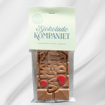 Happy Valentines Day! sjokoladeplate fra Sjokoladekompaniet – melke- og karamellsjokolade med preget valentinsbudskap på hvit bakgrunn