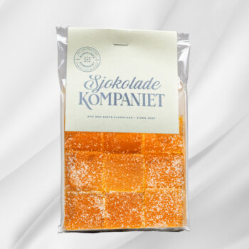 Bilde av Pasjonsfruktgele – liten eske med ni veganske ruter av hjemmelaget pasjonsfruktgelé, elegant presentert som gave.